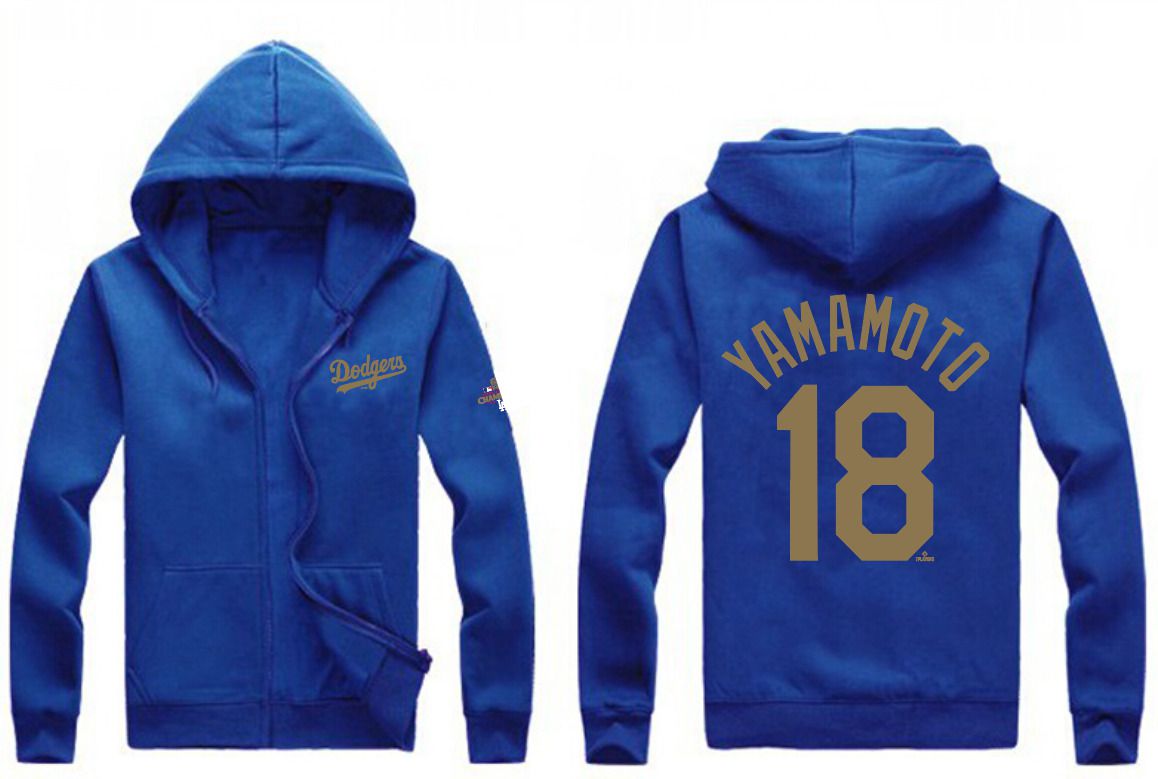 Men Los Angeles Dodgers #18 Yamamoto Blue Zipper hoodie 2025 MLB Jersey style 1